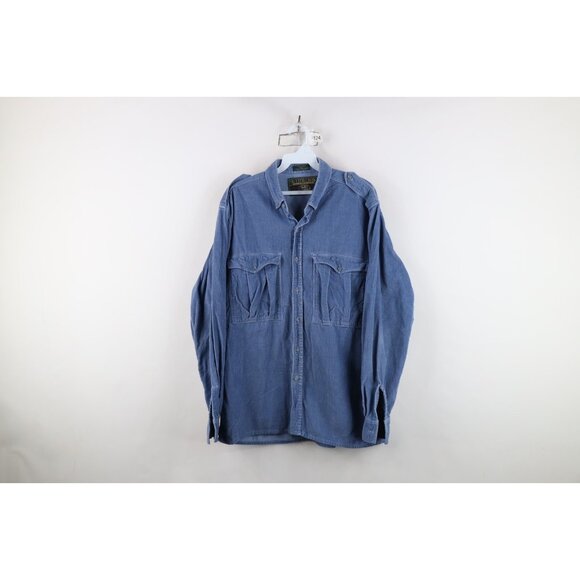 Vintage 80s 90s Levis Mens Large Distressed Corduroy Military Bush Button Shirt - Picture 1 of 16